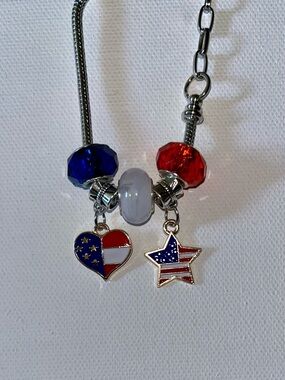 Silver Snake Chain Patriotic Red/White/Blue Charm Bracelet w/Star & Heart Charms